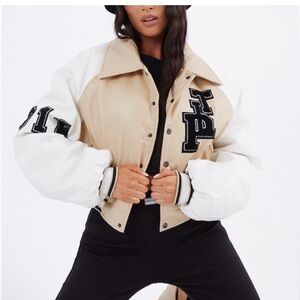 PRETTY LITTLE THING Beige Faux Leather Raglan Sleeve Varsity Bomber Jacket-2